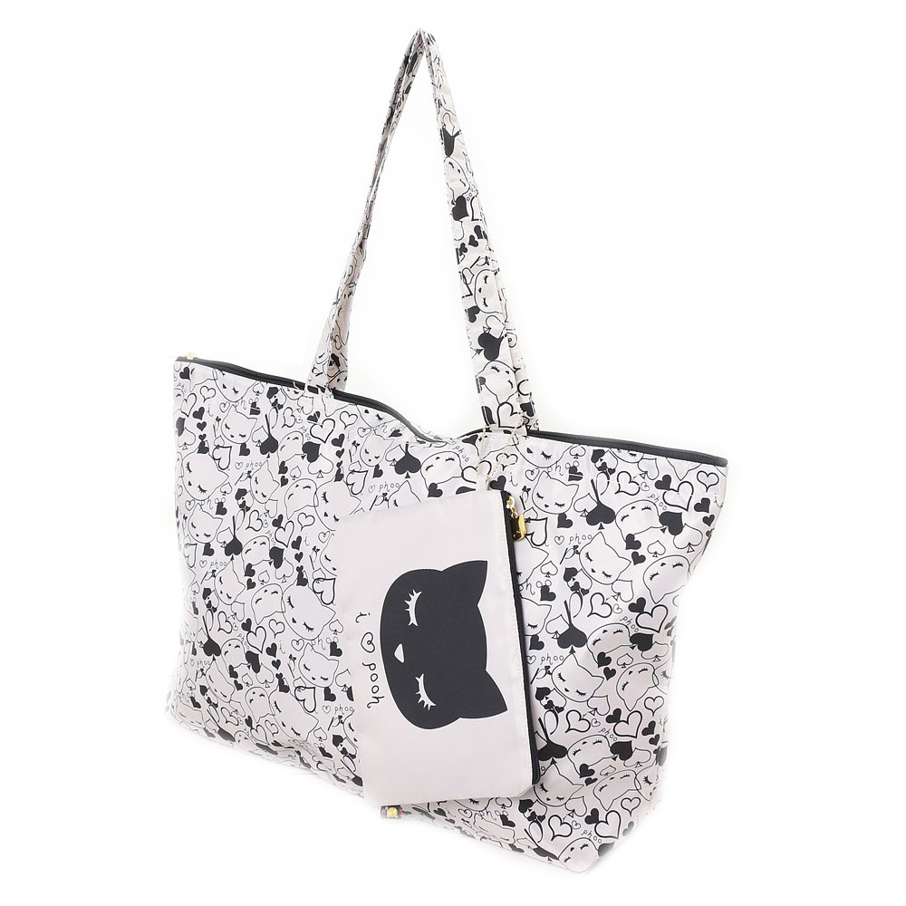 Osumashi Pooh-Chan I love Pooh Cat Tote Bag Black Cream